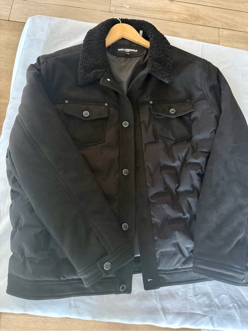 Karl Lagerfeld Black Quilted Puffer Jacket with Sherpa Collar